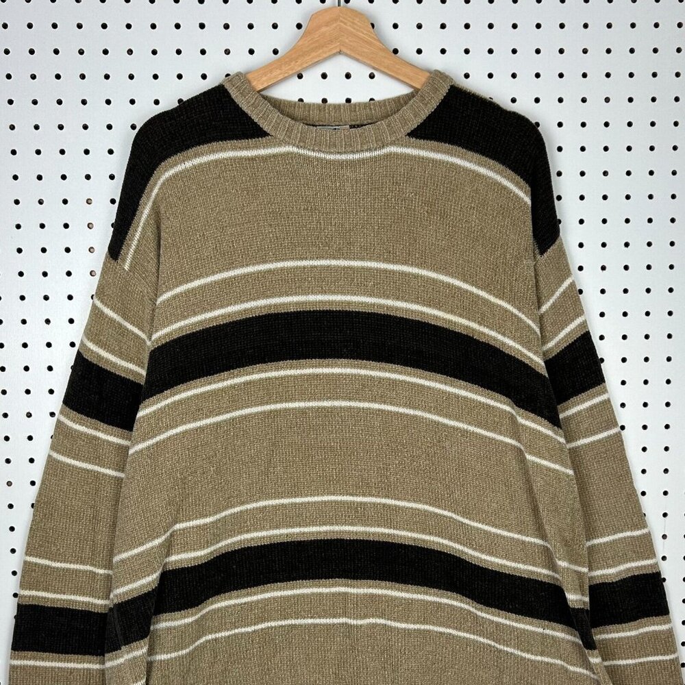 Old Skool Urban Wear Knit Sweater Size XL Brown Tan Striped CHUNKY Grandpa 90s